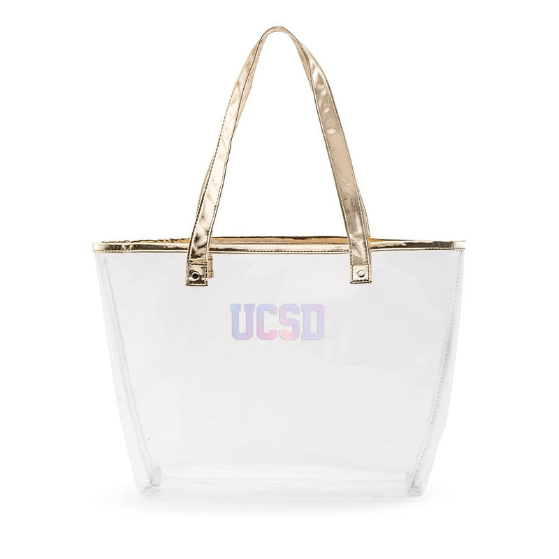 Personalized Clear Plastic Stadium Tote Bag - Joy Journey Gold Trim