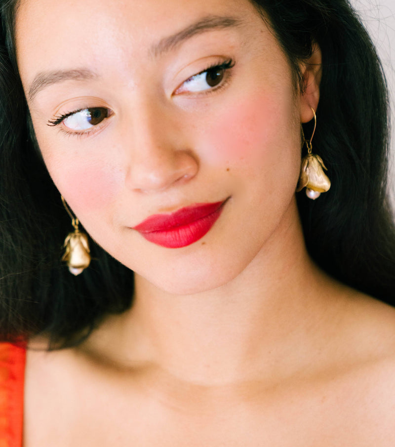 Flower Bud and Pearl Hanging Earrings